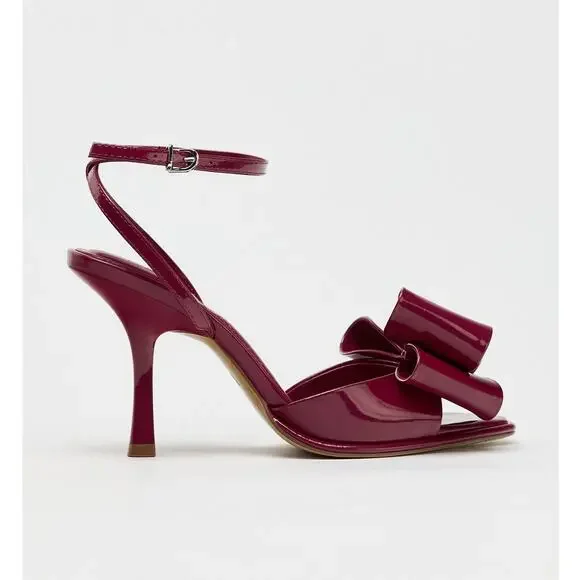 ZARA Red Embellished Heels NWT | Maxi Bow Strap Patent Finish - Picture 15 of 16